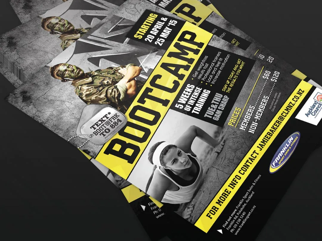 A Franklin Sport Swim & Fitness 'Bootcamp' promotional flyer.