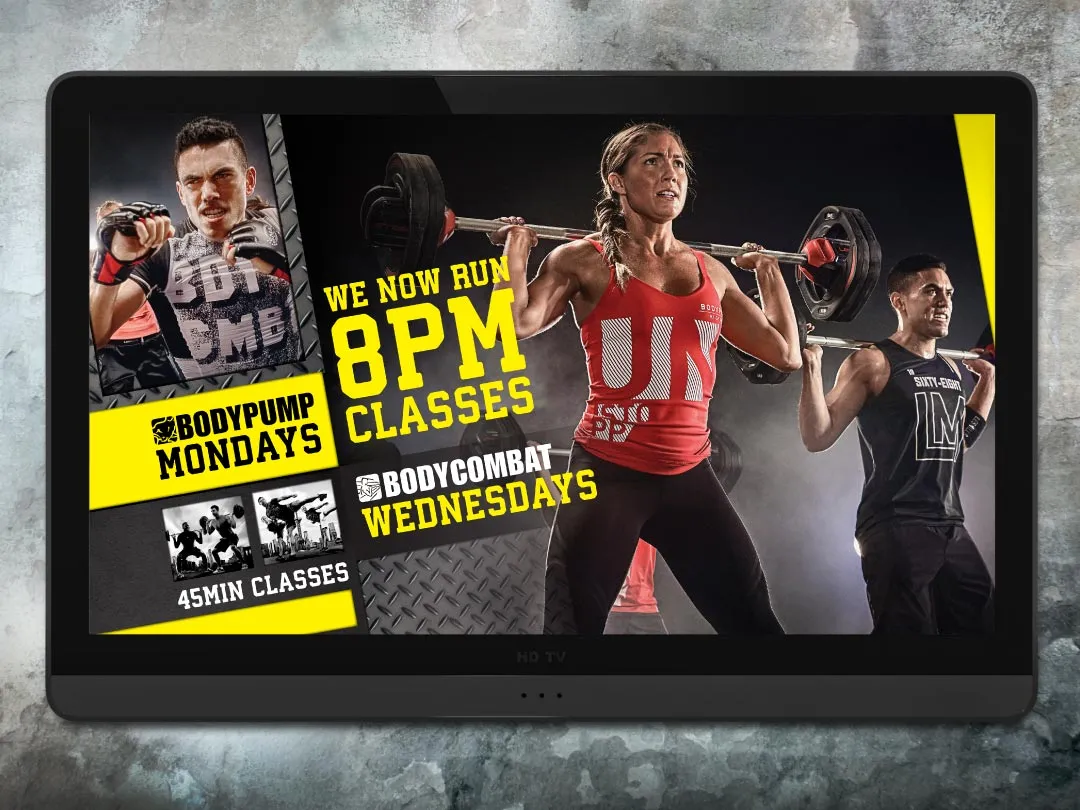 A CLM in-centre screen promoting new 8pm Les Mills BodyPump and BodyCombat classes.