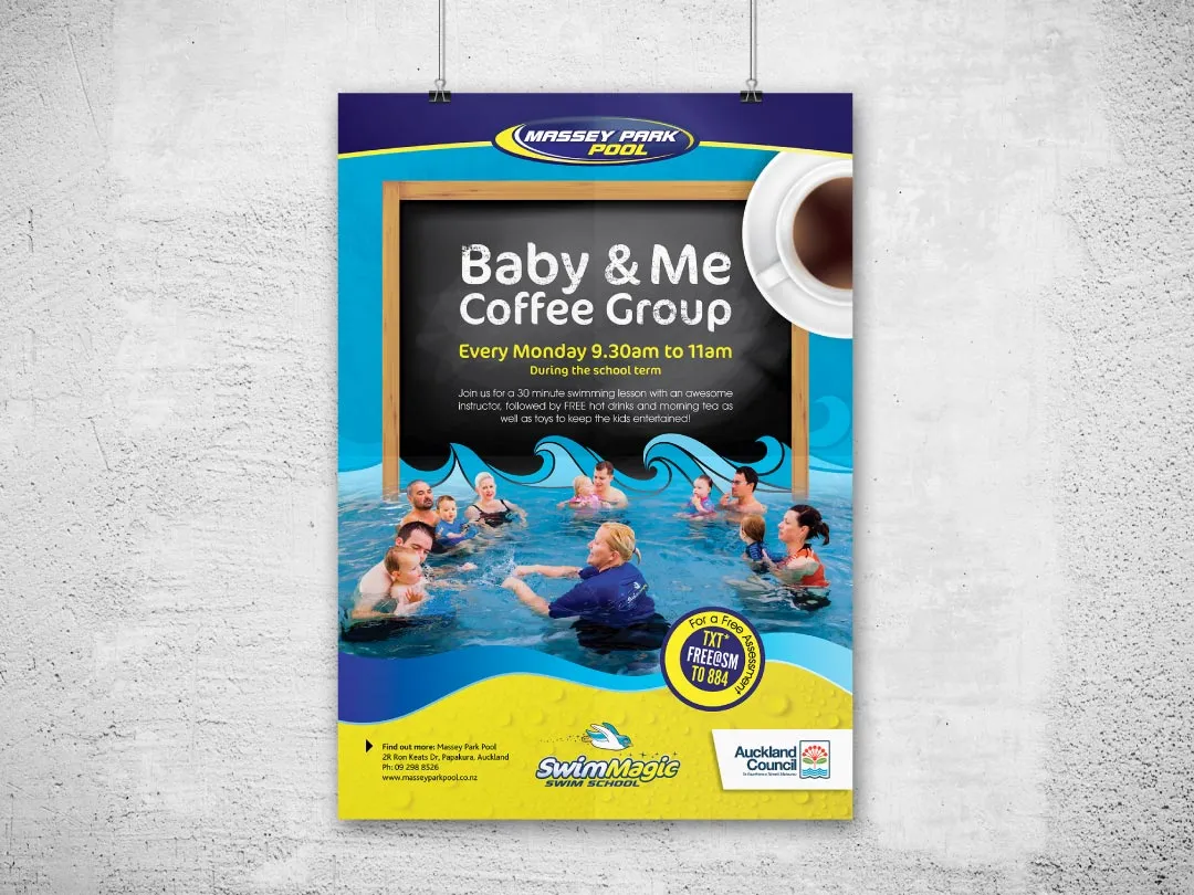 A Massey Park Pool 'Baby & Me Coffee Group' event poster.