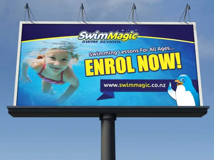 A large SwimMagic Swim School billboard reading 'Enrol Now', mounted roadside.