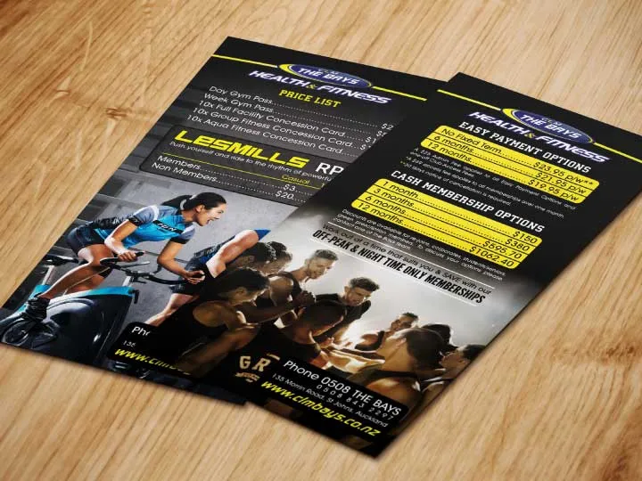 The Bays Health & Fitness price-list flyers showing membership and payment options.