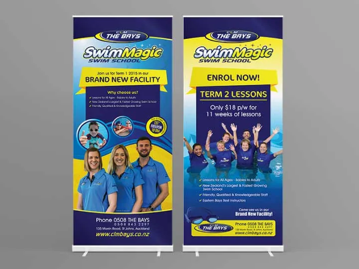 Two CLM The Bays SwimMagic pull-up banners promoting a new facility and Term 2 lessons.