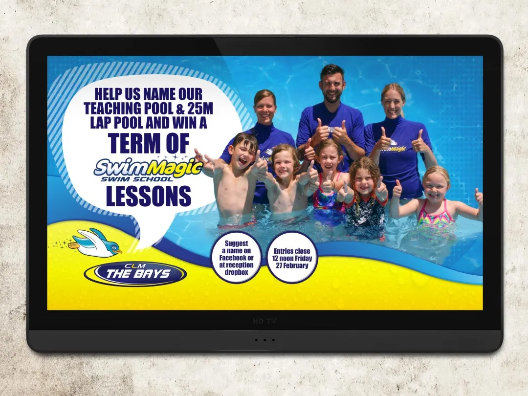 A CLM The Bays in-centre screen inviting members to name the new pools and win swim lessons.
