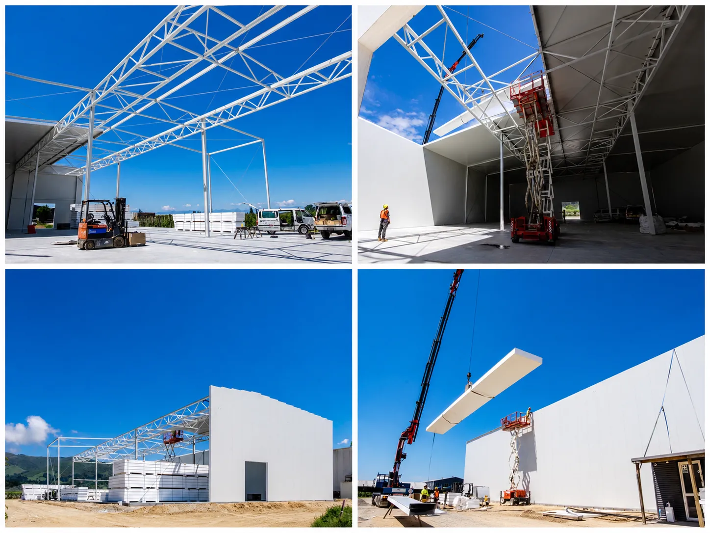 Four project photographs of insulated-panel cold-store buildings under construction — steel frames, panels being craned into place and finished structures.