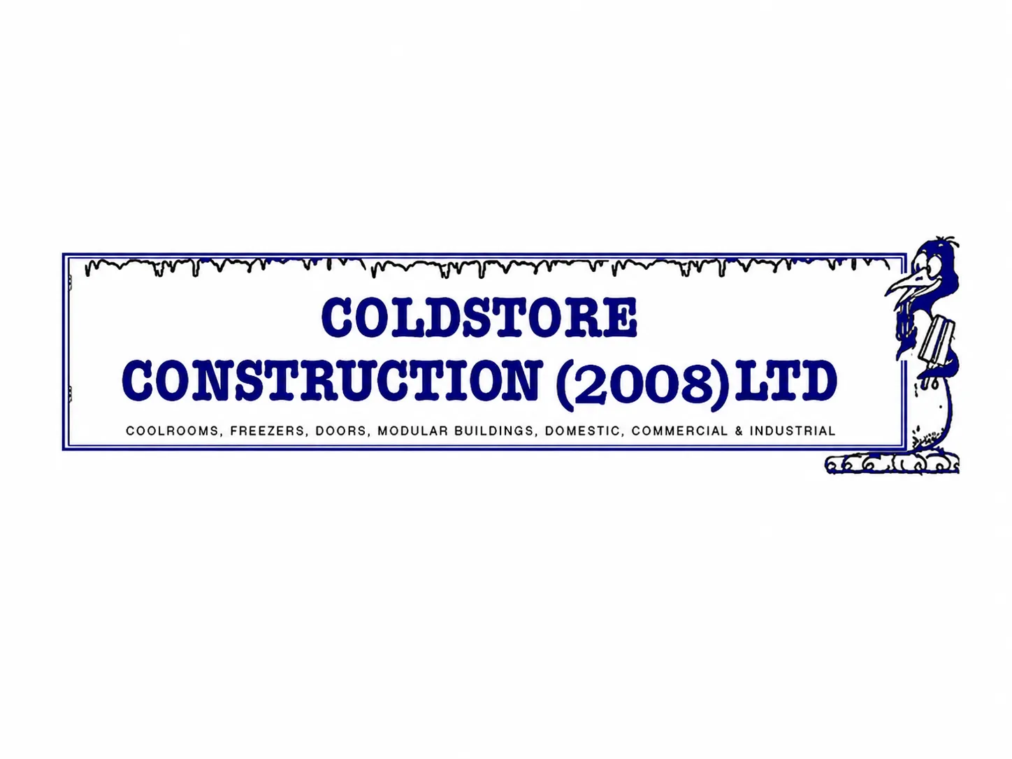The original Coldstore Construction logo — a detailed blue wordmark inside an icicle border, with a cartoon penguin and a full list of services in the one mark.