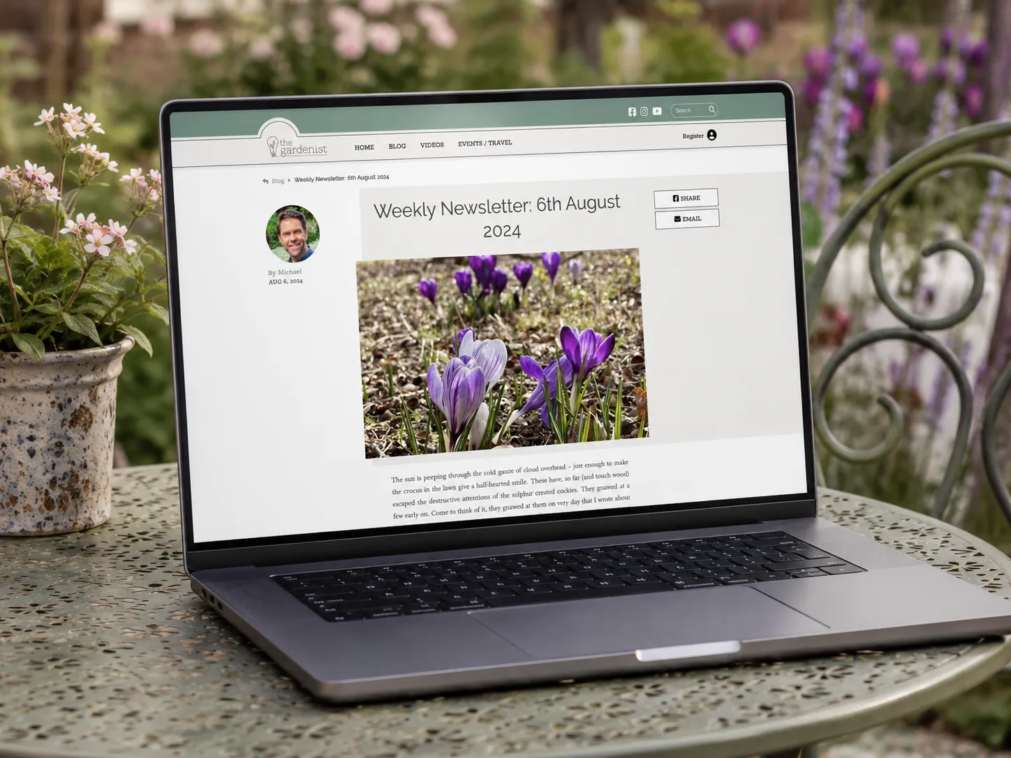 A Gardenist article in the reading view — a spacious column with author, share and email actions alongside the story.