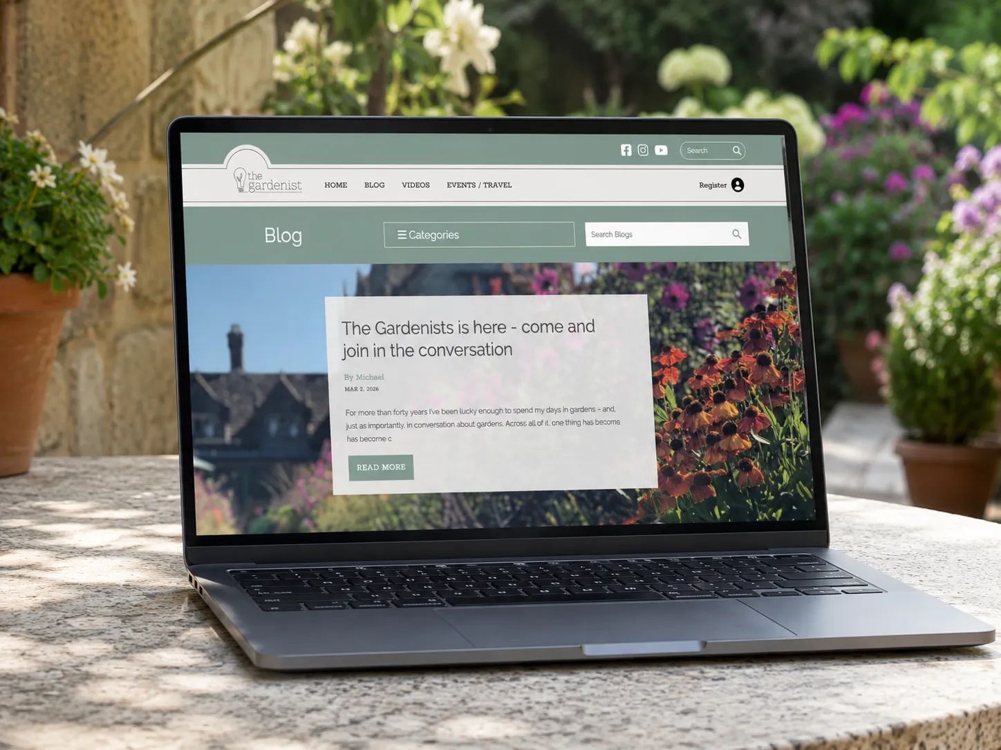 The Gardenist blog landing with a large featured story, 'The Gardenists is here', plus category and search controls.