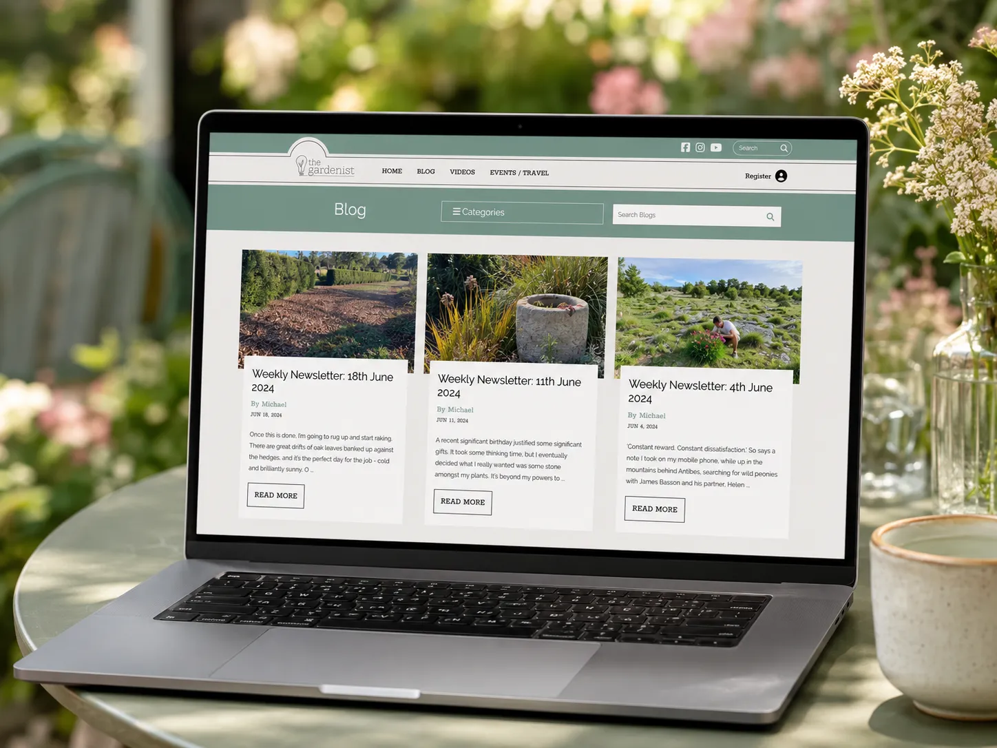 The Gardenist blog laid out as a three-up grid of weekly-newsletter article cards, each with photography, title and a Read More action.