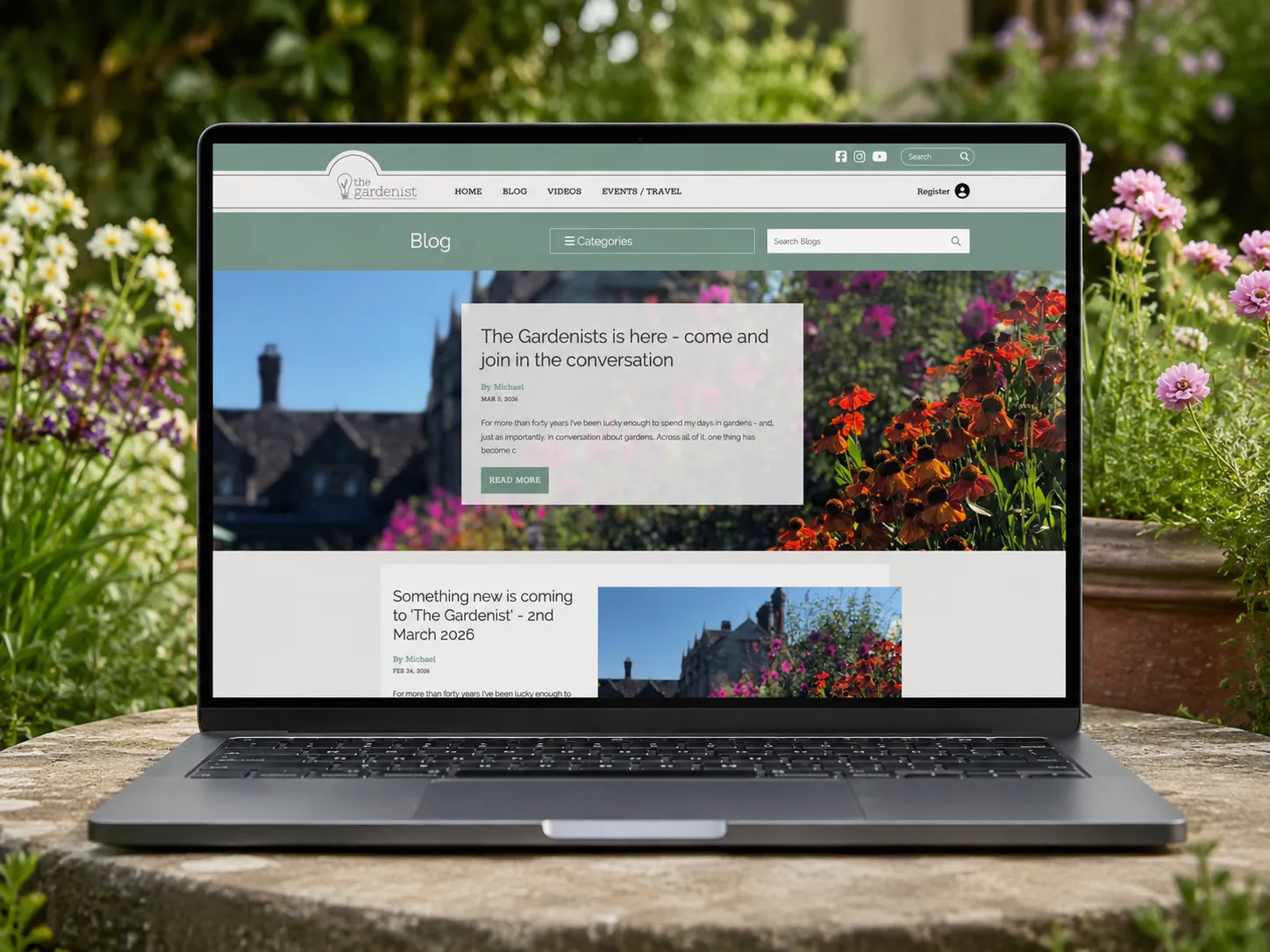 The Gardenist blog story feed — a featured post above a repeating list of newsletter articles.