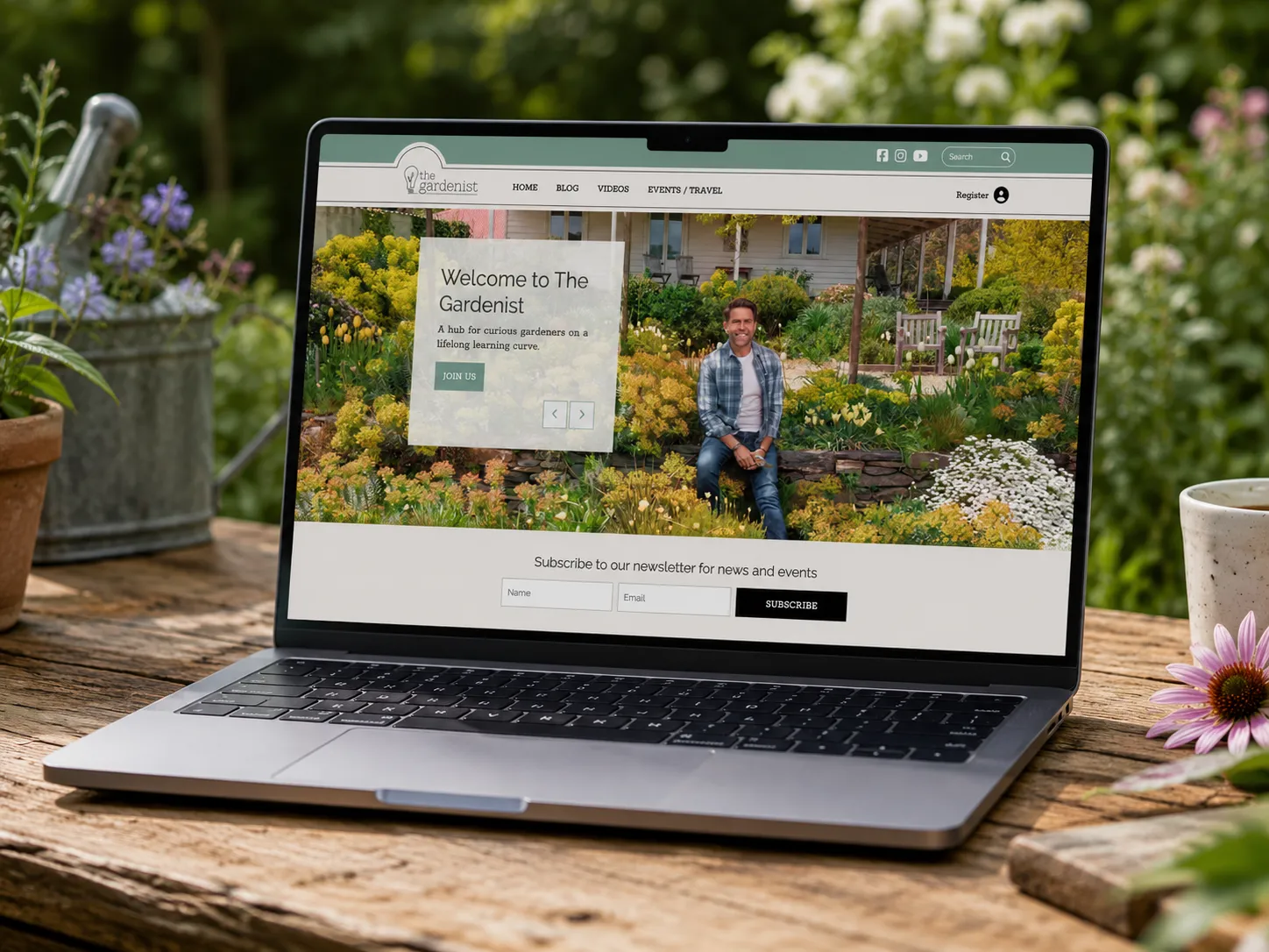 The Gardenist homepage on a laptop in a sunlit garden — a 'Welcome to The Gardenist' hero over the host among spring planting, with a newsletter sign-up below.