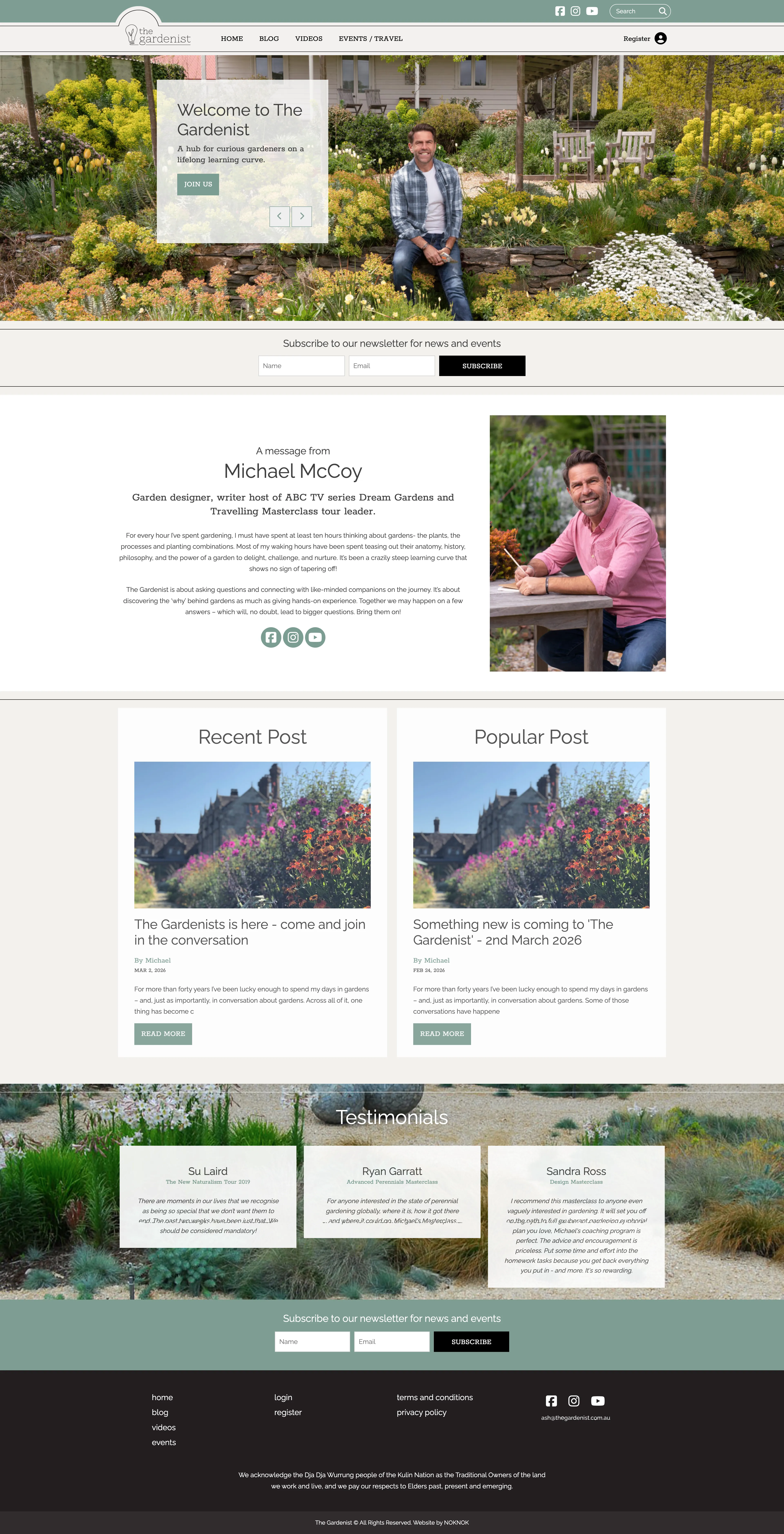 The full Gardenist blog page, top to bottom — header and search, a featured article, a grid of weekly-newsletter cards and the repeating article listings below.