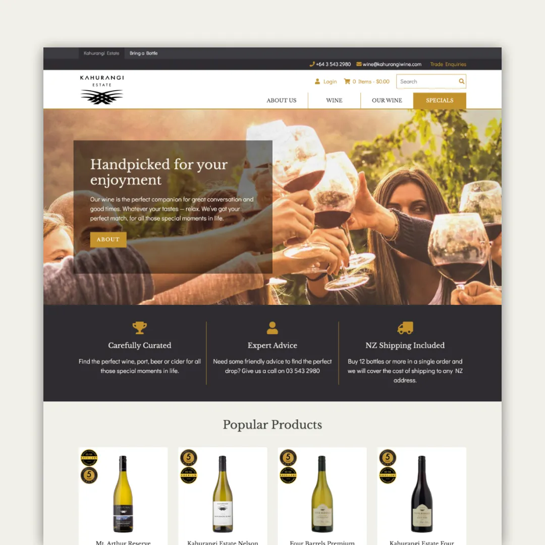 The Kahurangi Estate website homepage — 'Handpicked for your enjoyment' — with featured wines.