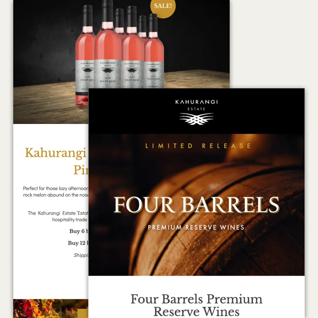 A Kahurangi Estate email — a Pinot Rosé special and the 'Four Barrels' premium reserve range.