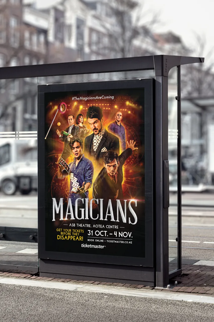 Magicians bus-stop poster — ASB Theatre, Aotea Centre, with the tour dates.