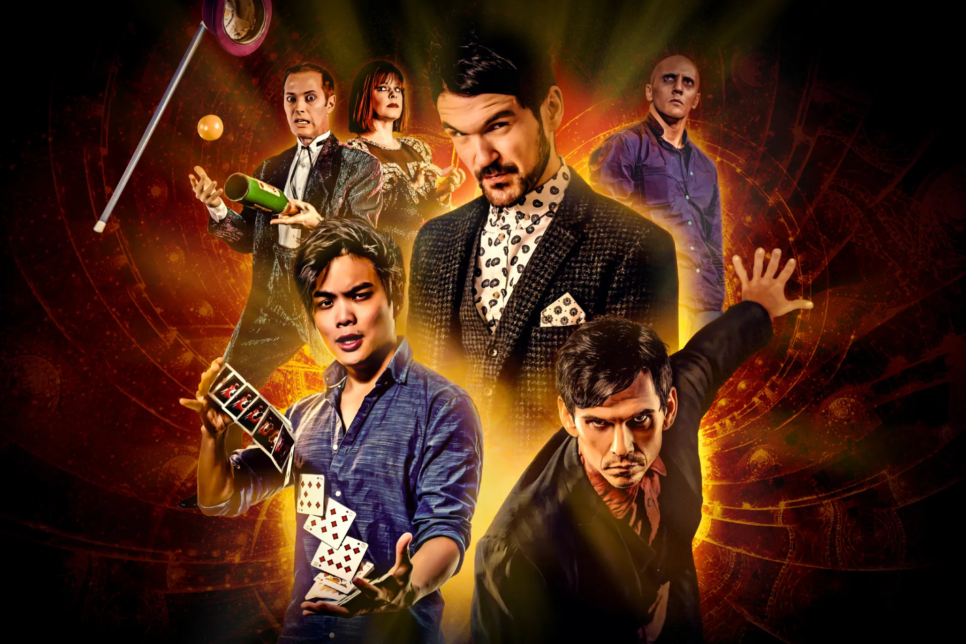 The Magicians key art — the full cast composited against a fiery, theatrical backdrop.
