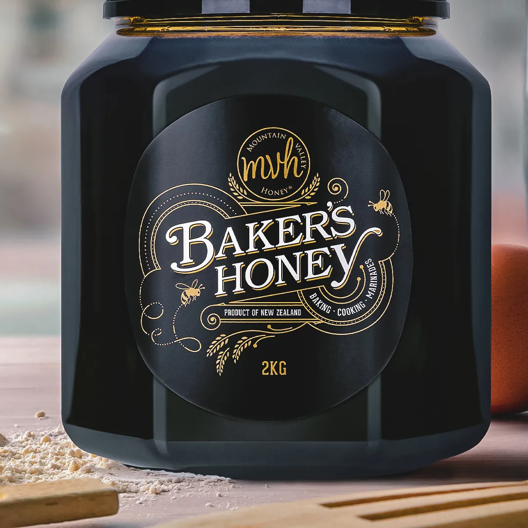 Mountain Valley Honey Baker's Honey — a black jar with an ornate gold-foil label.