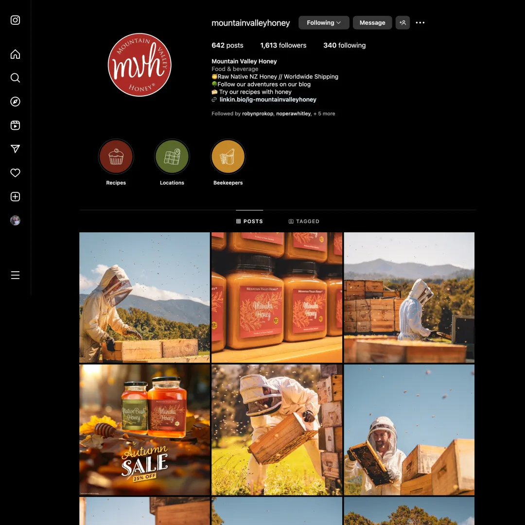 The Mountain Valley Honey Instagram profile and post grid.