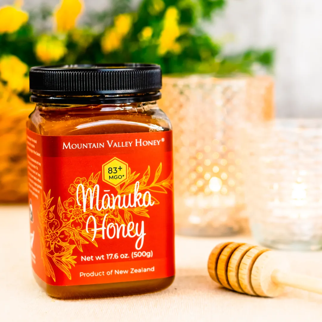 Mountain Valley Honey Mānuka Honey (83+ MGO) in its red, illustrated label.