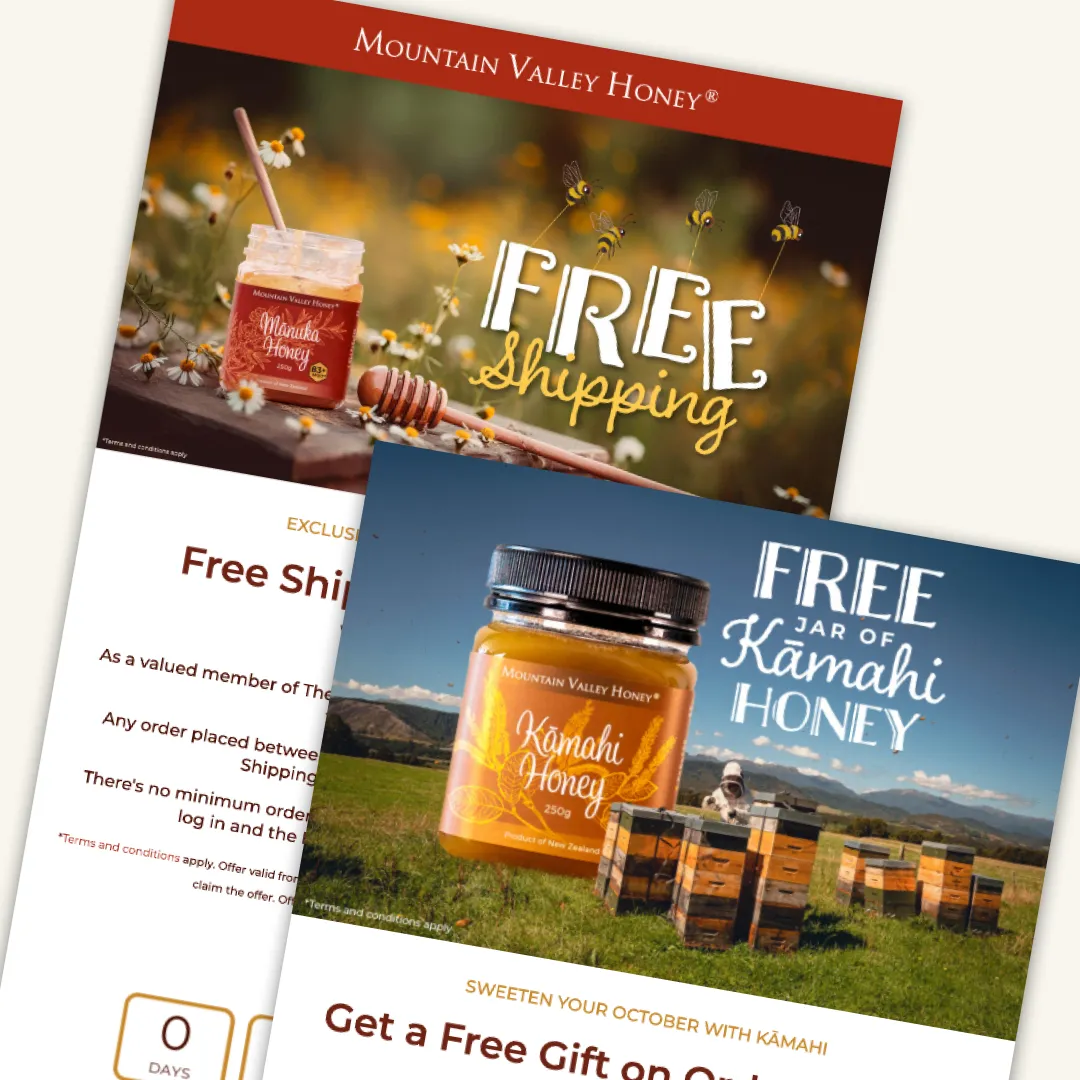 Mountain Valley Honey email newsletters — free shipping and seasonal offers.
