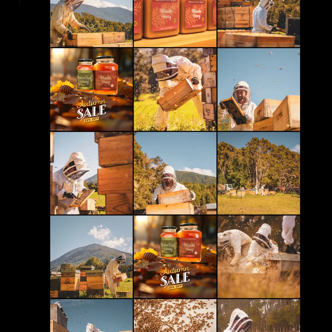 A grid of Mountain Valley Honey social posts — beekeepers working hives in the New Zealand high country, interleaved with seasonal product promotions such as an Autumn Sale.
