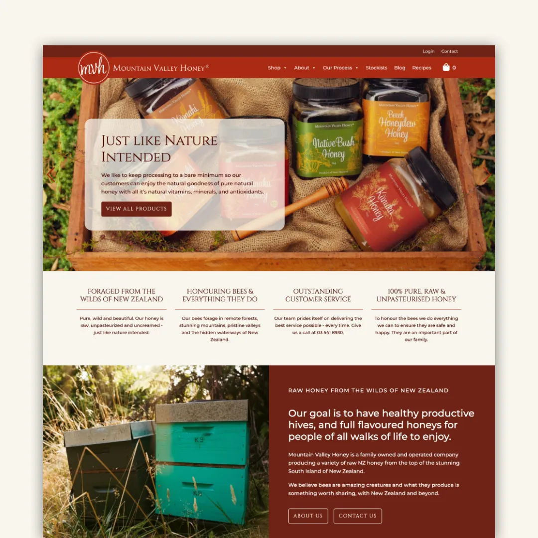 The Mountain Valley Honey website homepage — 'Just like nature intended'.