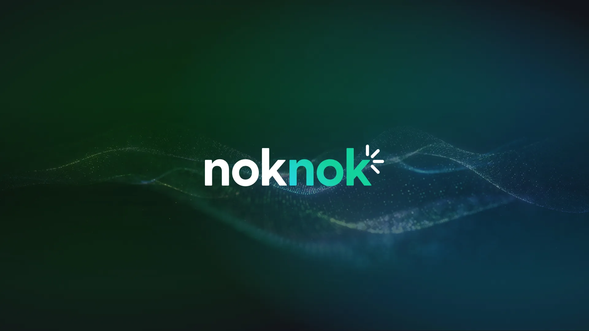 The noknok wordmark in white and teal on a dark green particle-wave background.