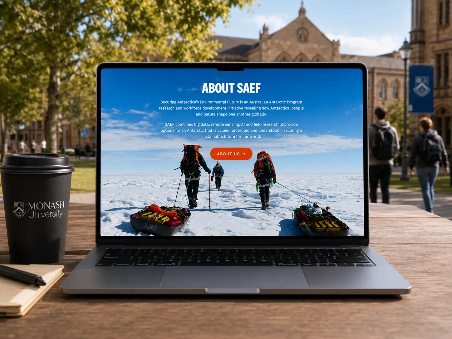 The SAEF 'About' page on a laptop on a sunlit university campus table.