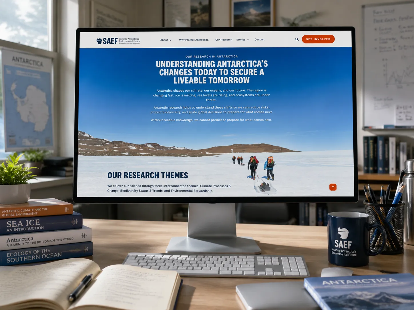 The SAEF 'Our Research in Antarctica' landing page on a desktop monitor, framed by Antarctic reference books.