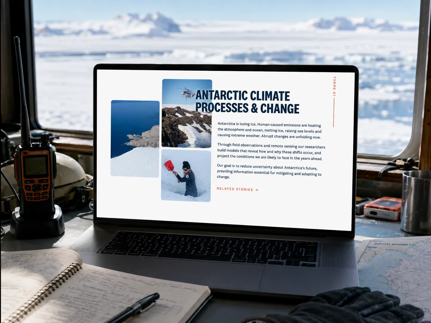 A SAEF research-theme page, 'Antarctic Climate Processes & Change', on a laptop in a ship's cabin.