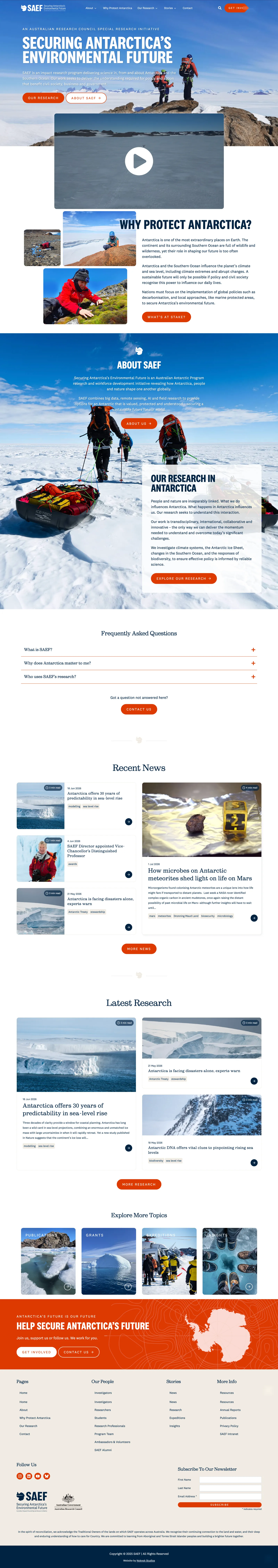 The full SAEF homepage, top to bottom — hero, why-protect summary, about, FAQ, recent news, latest research and topic links.