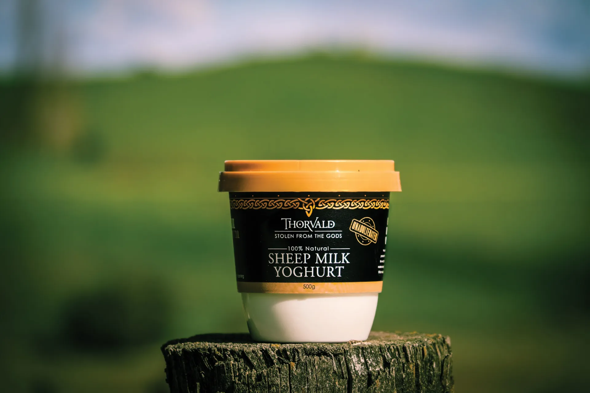 A Thorvald sheep-milk yoghurt tub on a fence post, with rolling green hills behind.