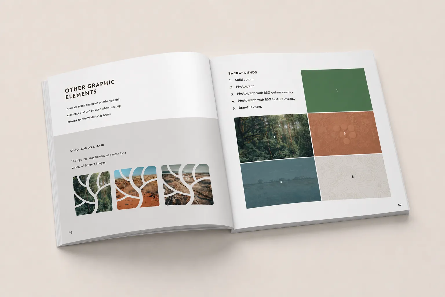 Wilderlands brand guidelines — backgrounds and graphic elements, including the logo icon used as an image mask.