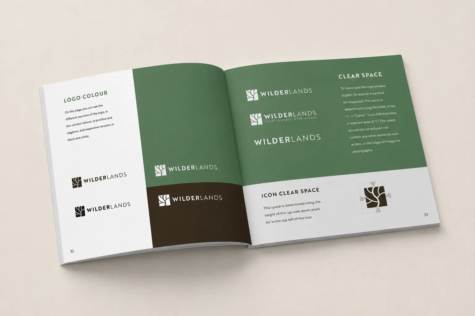 Wilderlands brand guidelines — logo colour variations and clear-space rules.