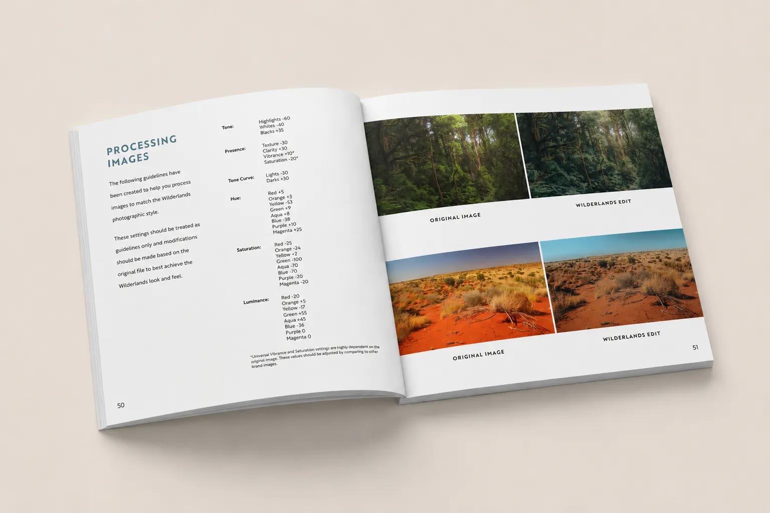 Wilderlands brand guidelines — the photographic processing style, showing original images beside Wilderlands edits.